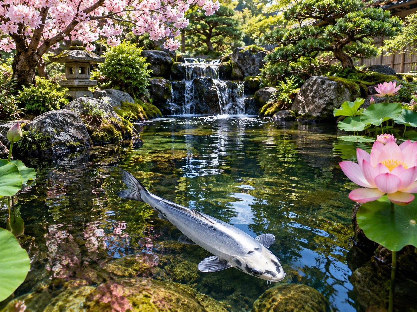 Kikokuryu koi fish in a Japanese garden pond with cherry blossoms