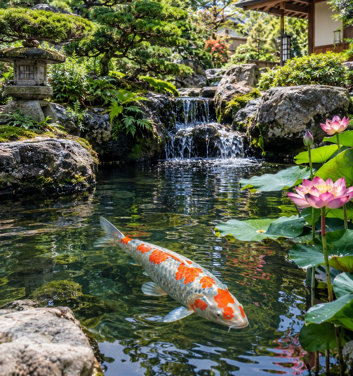 Kikusui koi in a traditional Japanese garden pond with bonsai and lotus