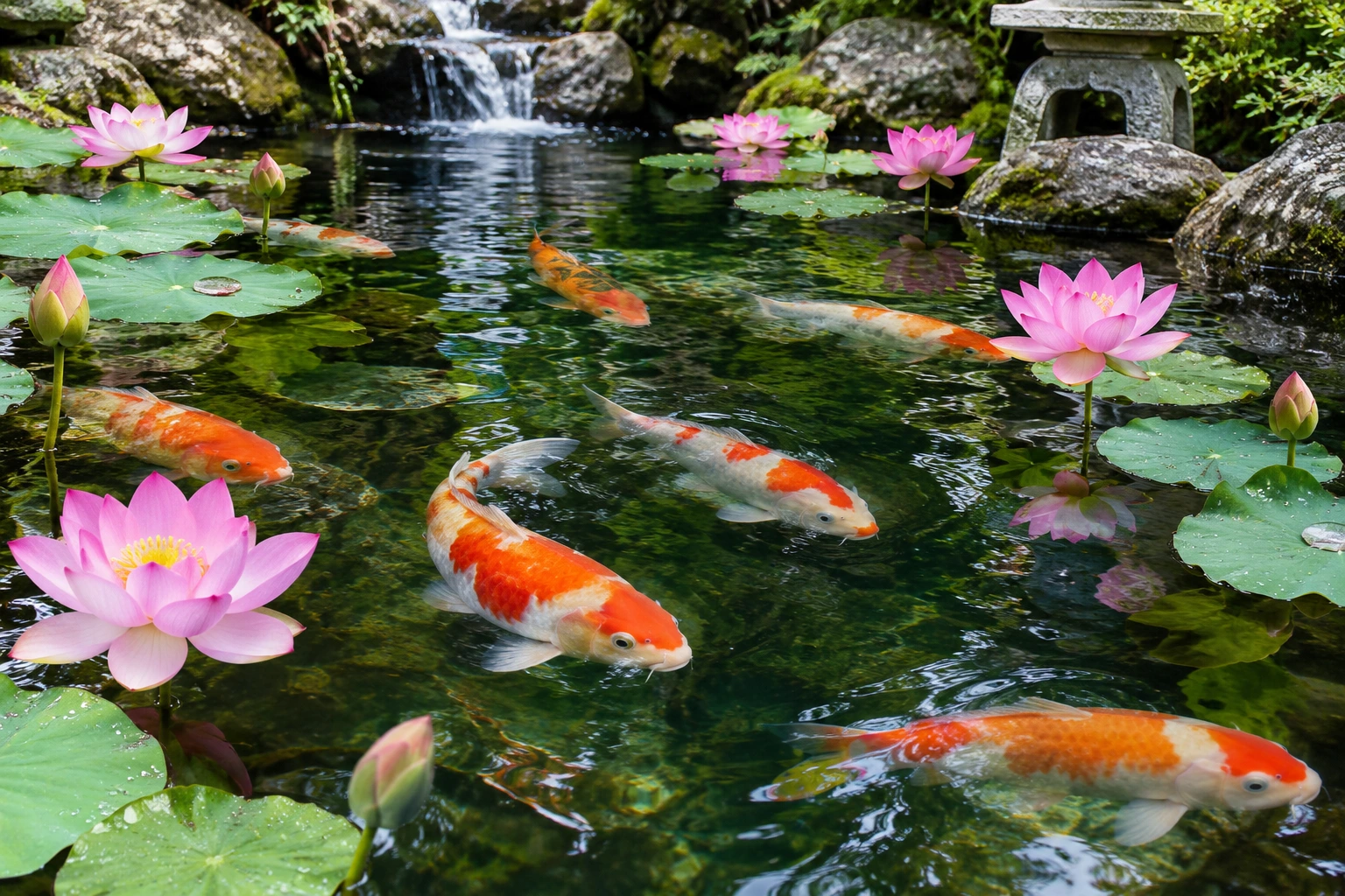 Koi fish swimming among lotus flowers, symbolism