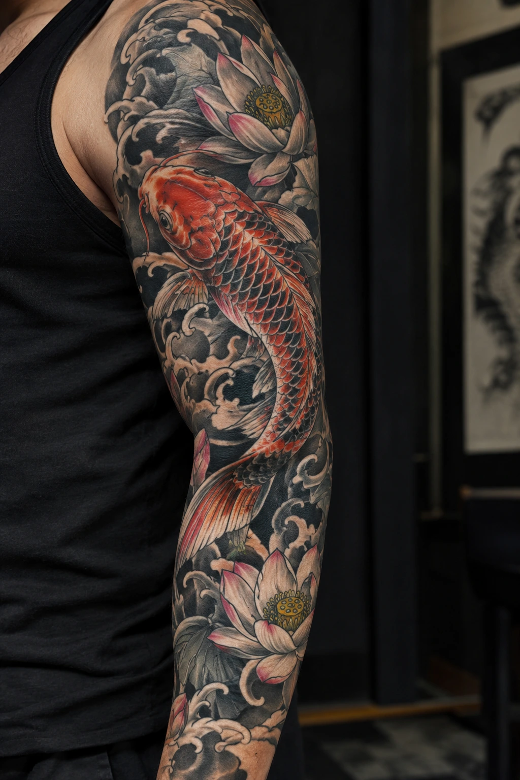 Koi and lotus tattoo sleeve design