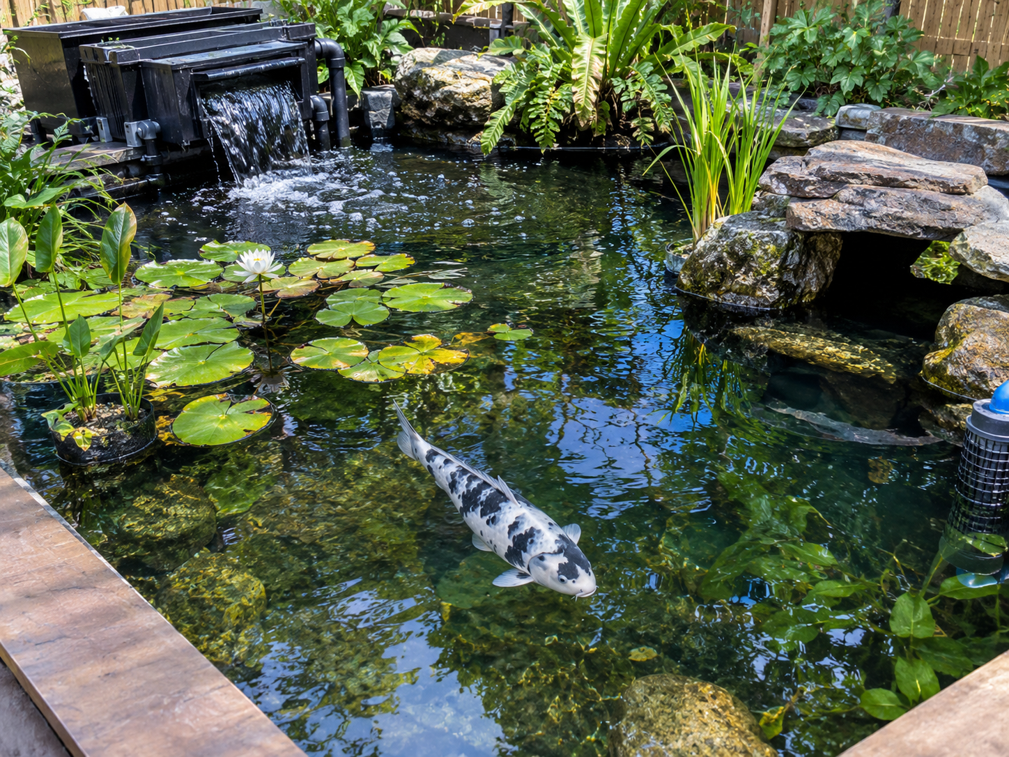 Kumonryu koi pond setup with filtration and plants