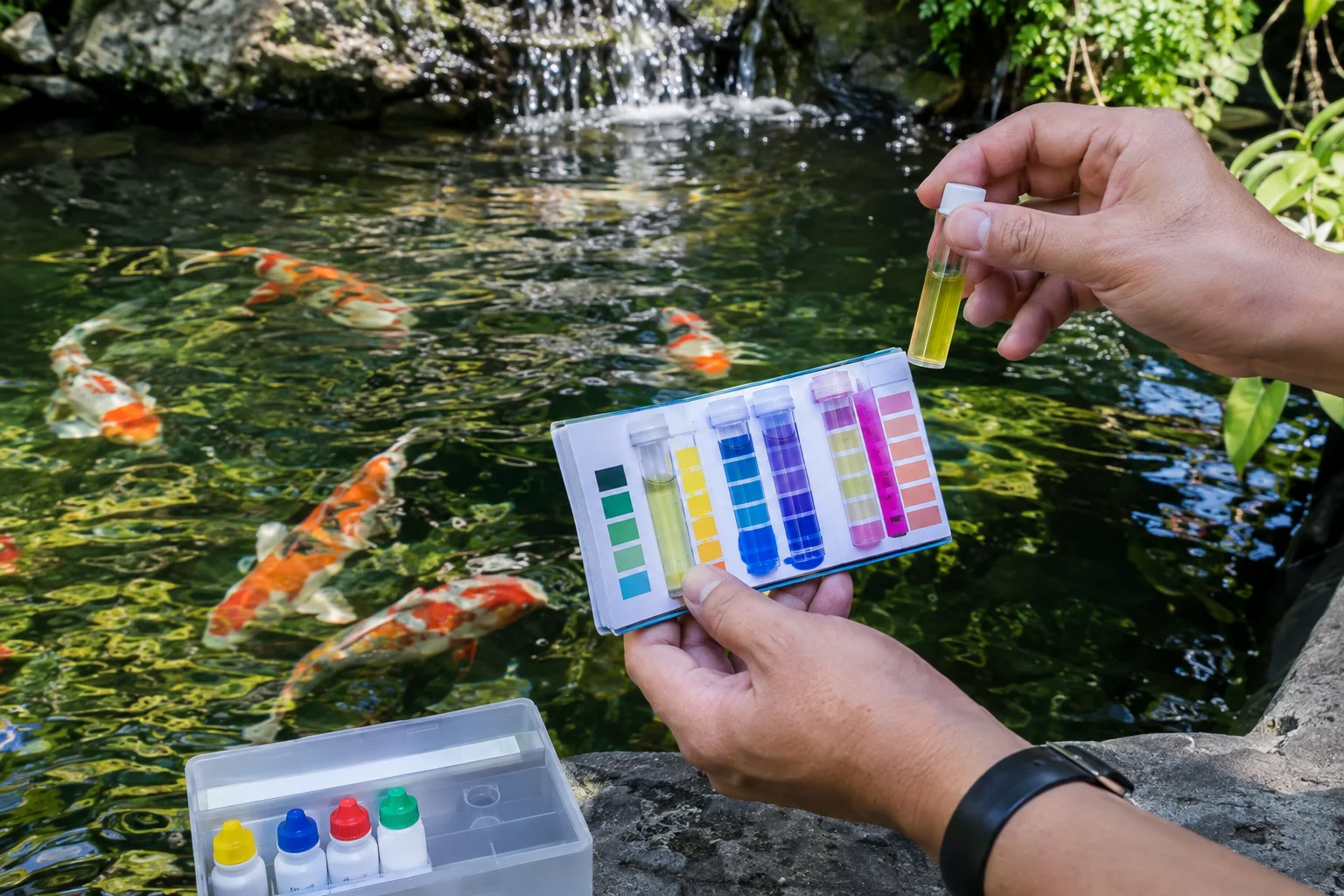 Testing koi pond water quality with a test kit
