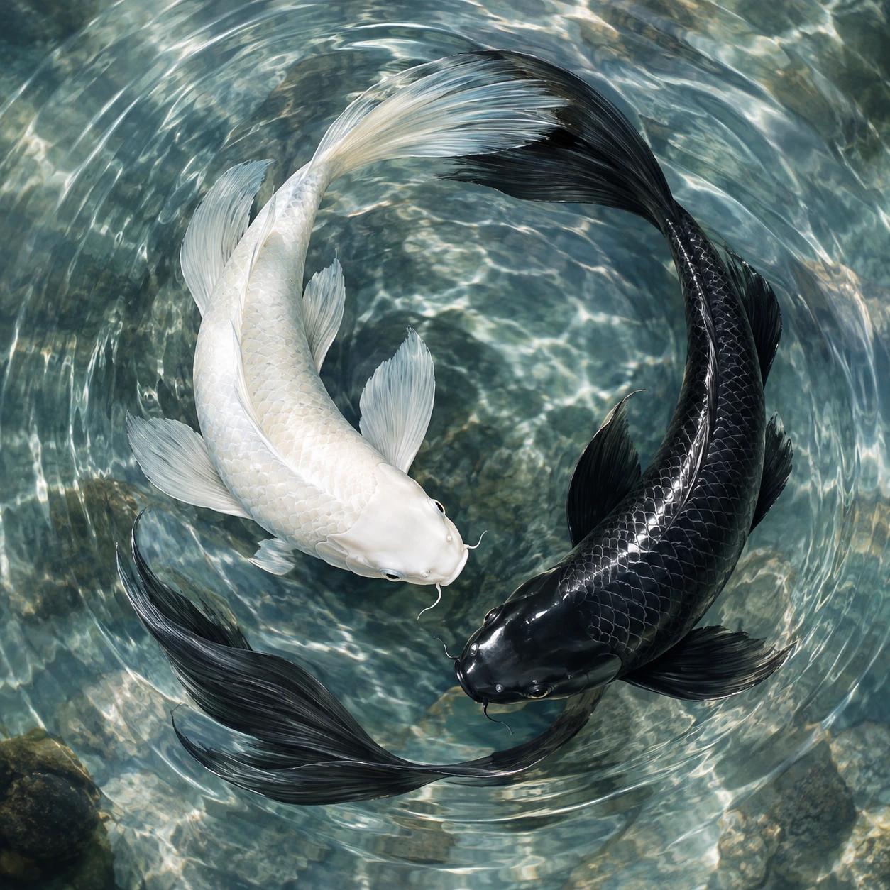 Two koi fish swimming together, yin yang symbolism
